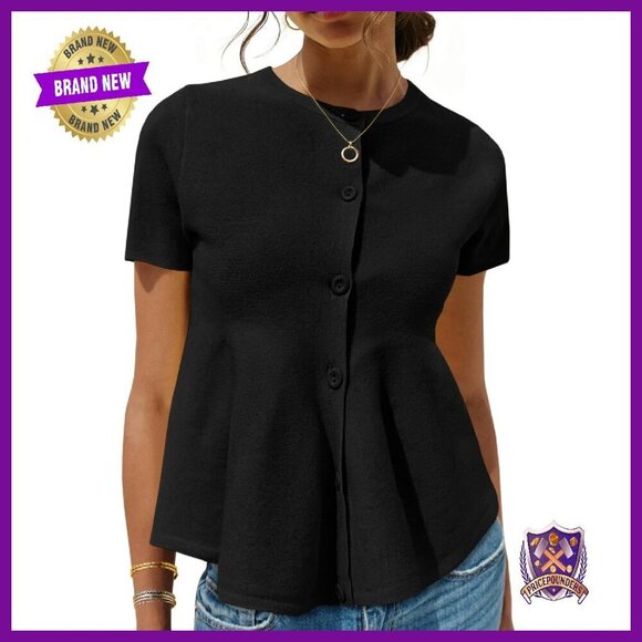 Sweaters - Short Sleeve Cardigan Ruffle Button Crew Neck Peplum Babydoll Sweater Top